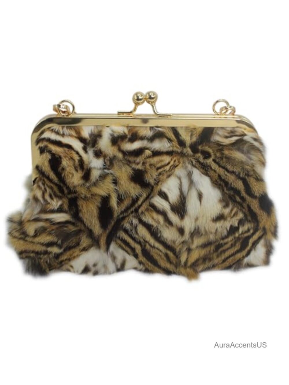 Genuine Tanuki Fur Kisslock Handbag Vintage Frame Purse Adjustable Strap